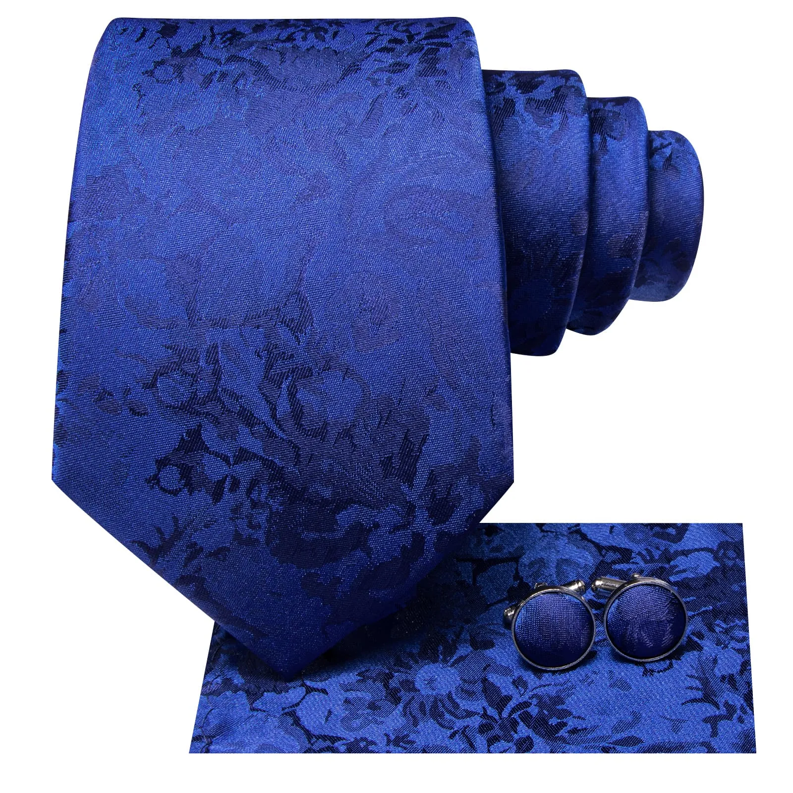 Hi-Tie Cerulean Blue Floral Silk Mens Tie Handkerchief Cufflinks Set