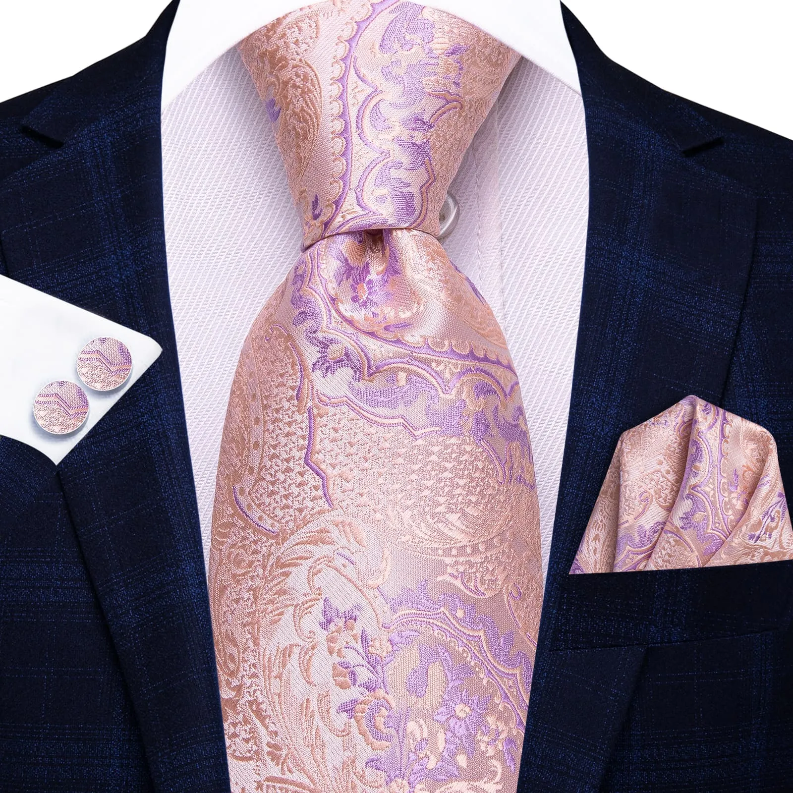 Hi-Tie Light Pink Tie Plum Jacquard Necktie Pocket Square Cufflinks Set