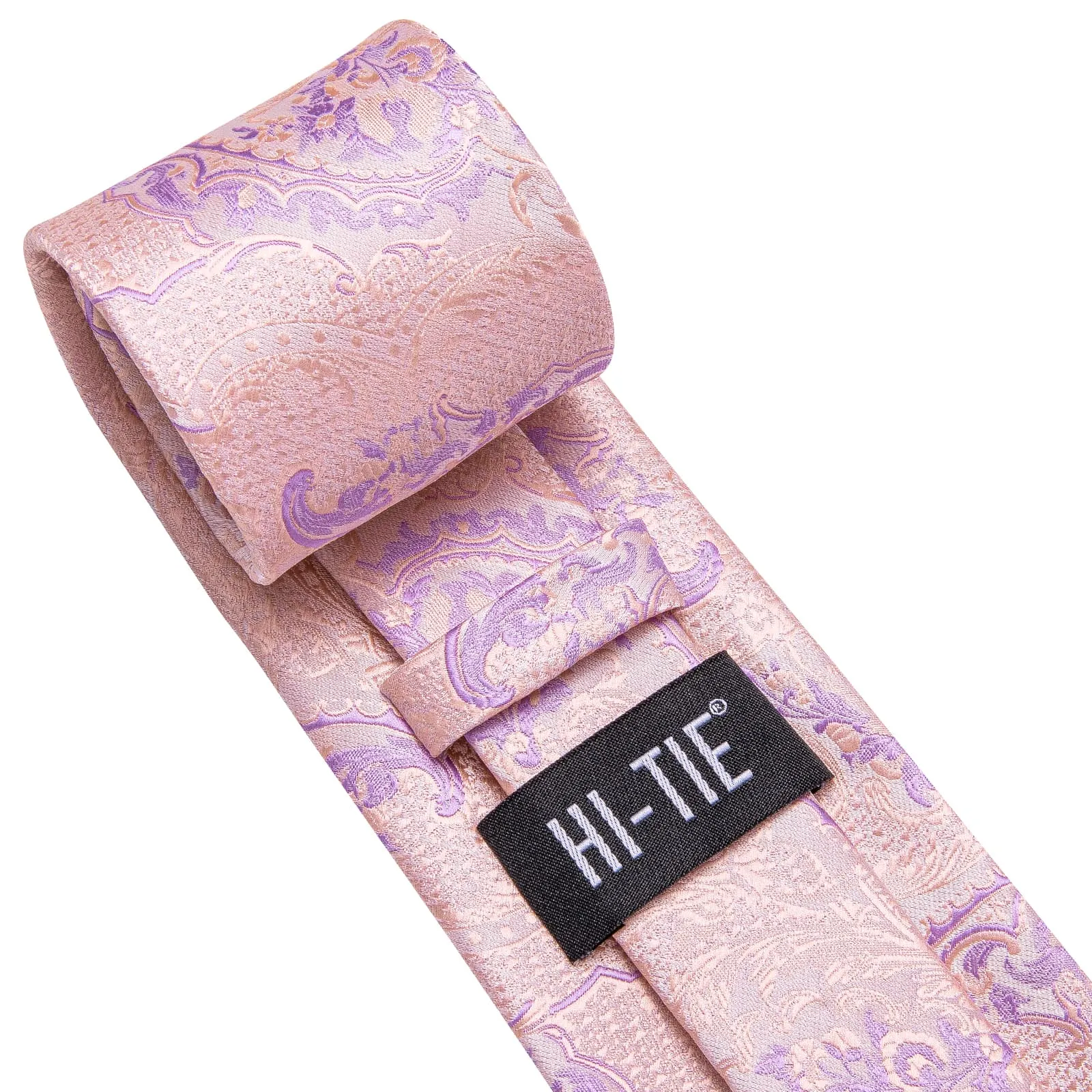Hi-Tie Light Pink Tie Plum Jacquard Necktie Pocket Square Cufflinks Set