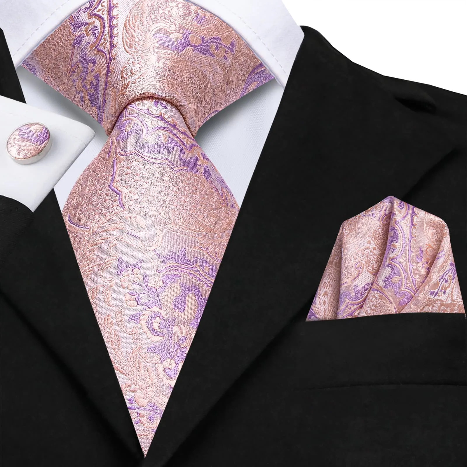 Hi-Tie Light Pink Tie Plum Jacquard Necktie Pocket Square Cufflinks Set