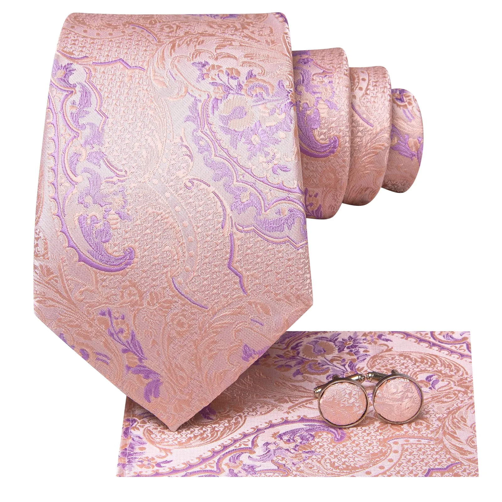 Hi-Tie Light Pink Tie Plum Jacquard Necktie Pocket Square Cufflinks Set