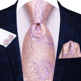 Hi-Tie Light Pink Tie Plum Jacquard Necktie Pocket Square Cufflinks Set