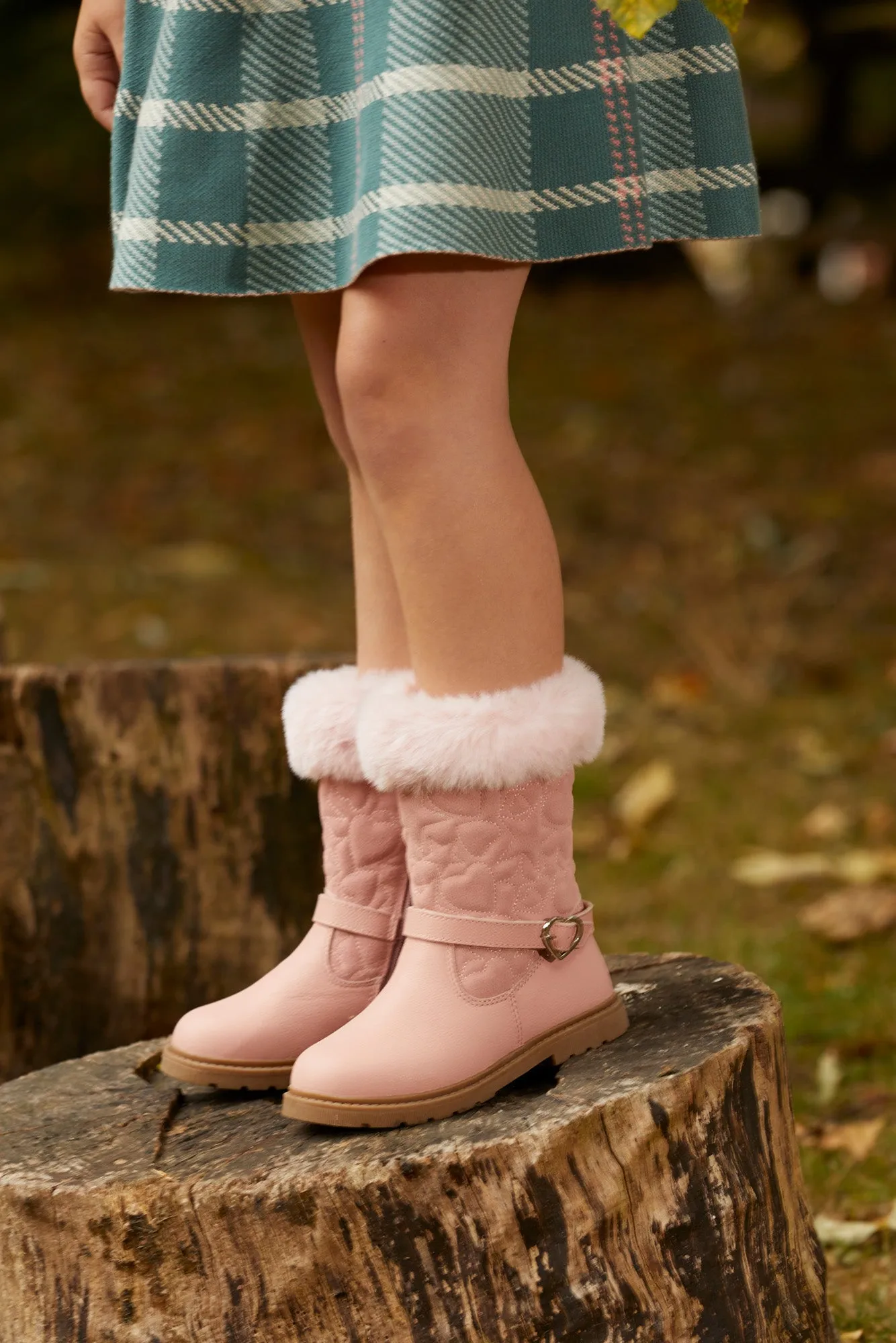JO - Girls' Pink Leather & Suede Fur Boots