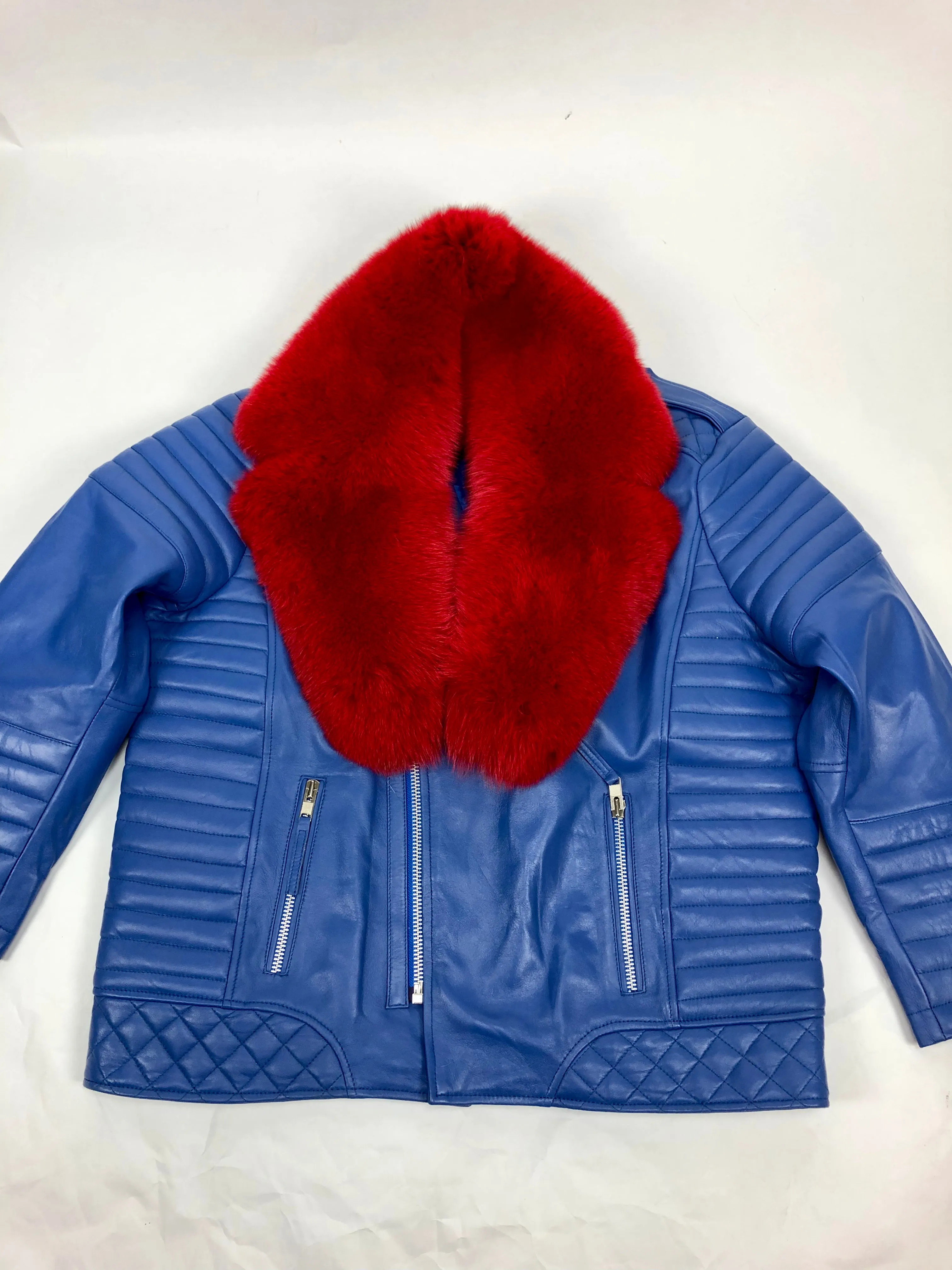 Men's Jay Biker Jacket Royal With Full Red Fox Collar