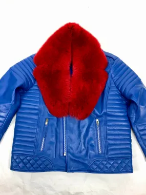 Men's Jay Biker Jacket Royal With Full Red Fox Collar