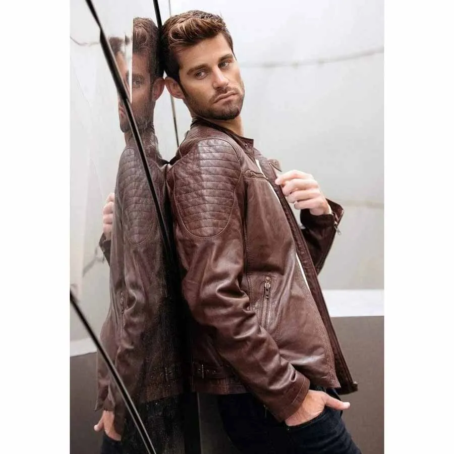 Mens Maroon Leather Biker Jacket Crew Neck
