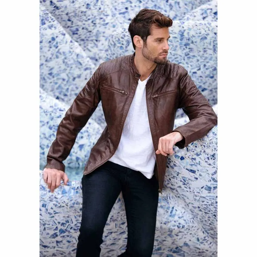 Mens Maroon Leather Biker Jacket Crew Neck