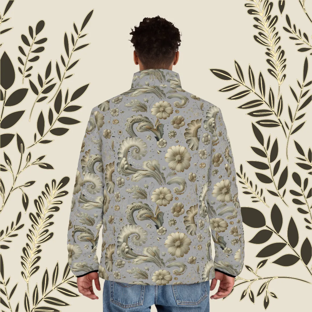 Mens SCBC "Still Handsome" Puffer Jacket (AOP). Puffer Jacket, Spring, Mens Clothes, Warm Jacket, Lightweight, Paisley Print, Graphic Design