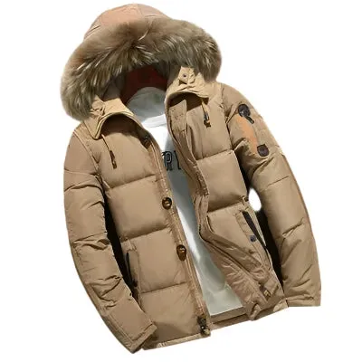 Men's Thick White Duck Down Winter Parka Jacket – Hooded Windbreaker for Snowy Weather, Warm Overcoat