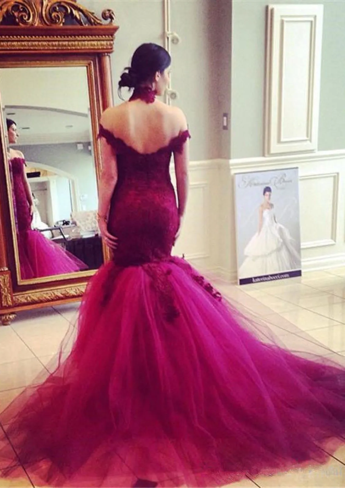 Mermaid Off Shoulder Scalloped Sweetheart Chapel Burgundy Lace Tulle Prom Dress
