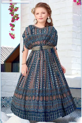 Navy Blue Ajrakh Print, Mirror and Sequins work Poncho Styled Lehenga Choli for Girls
