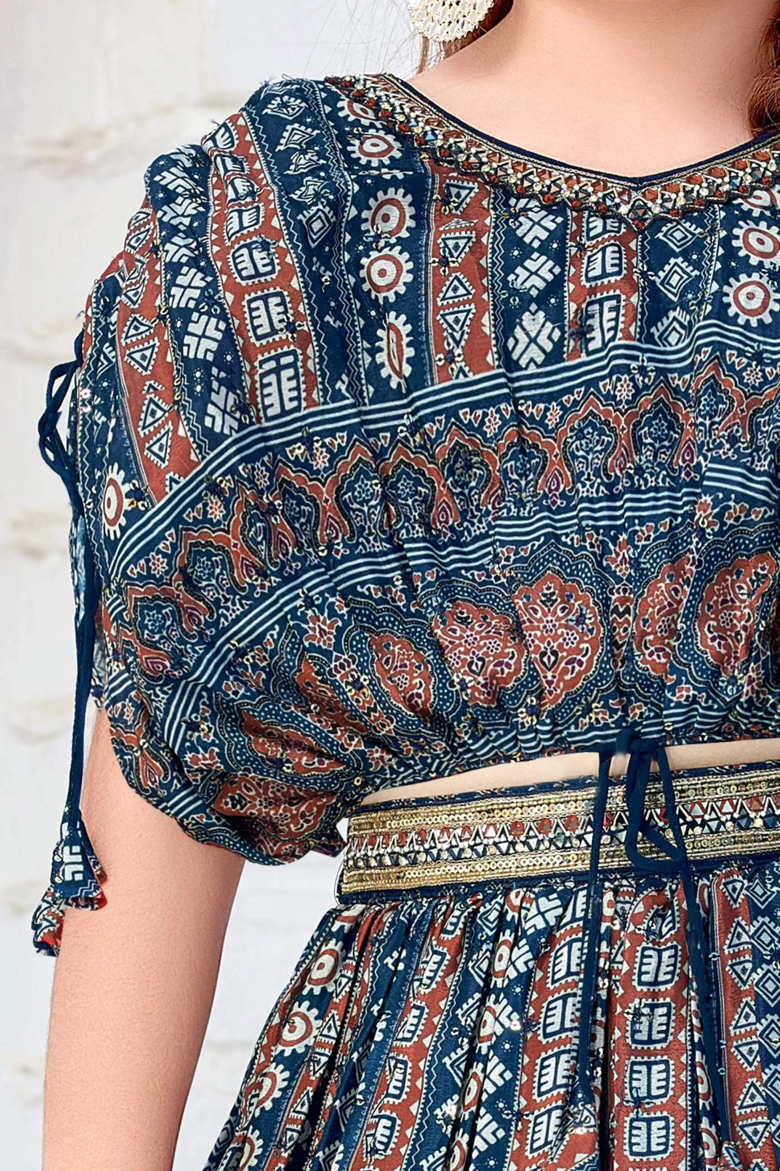Navy Blue Ajrakh Print, Mirror and Sequins work Poncho Styled Lehenga Choli for Girls