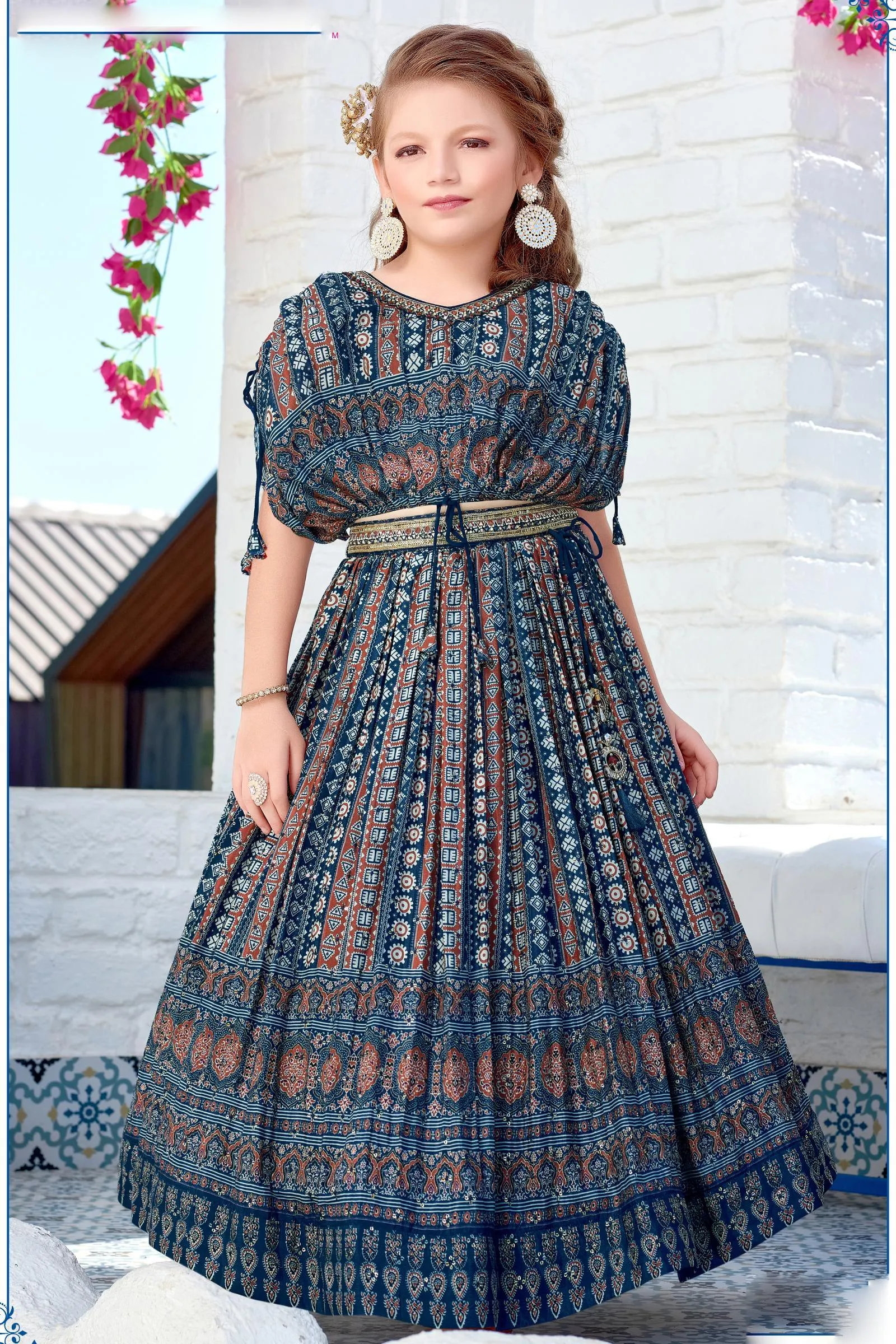 Navy Blue Ajrakh Print, Mirror and Sequins work Poncho Styled Lehenga Choli for Girls