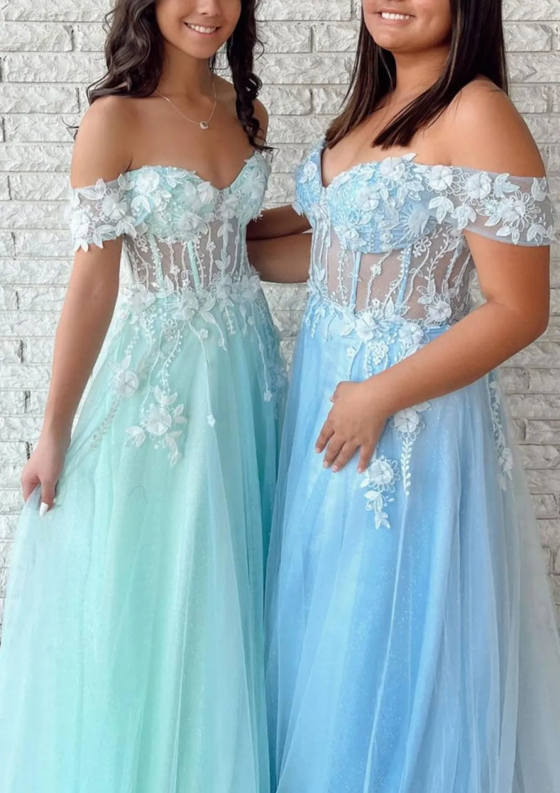 Off Shoulder Sweetheart A-line Illusion Floor-Length Aqua Lace Tulle Prom Dress