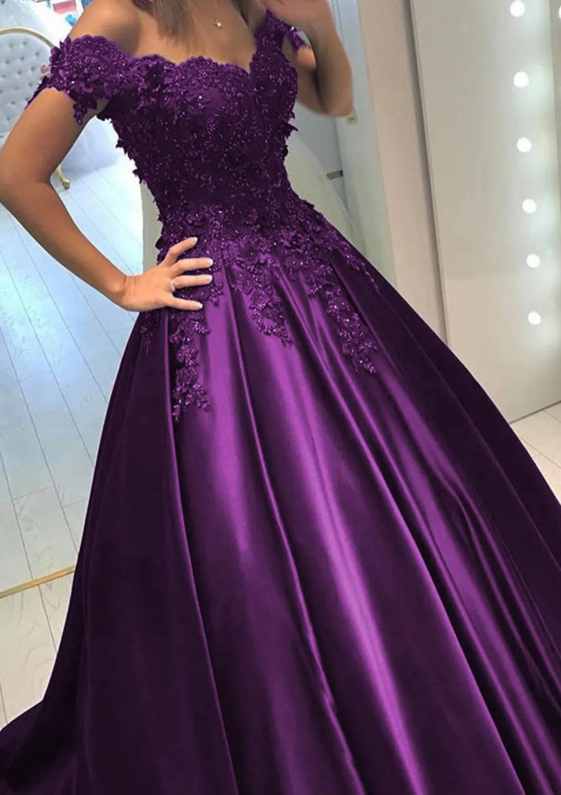 Off Shoulder Sweetheart Beaded Burgundy Satin Ball Gown Prom Dress