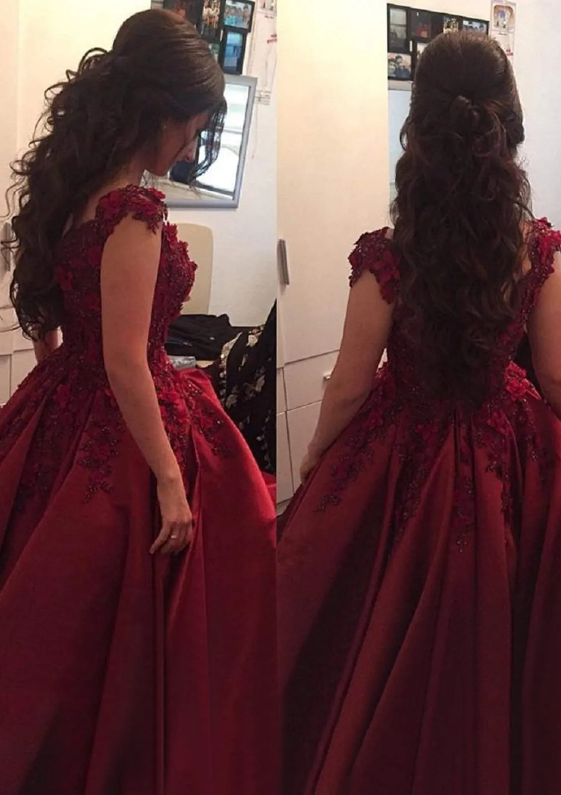 Off Shoulder Sweetheart Beaded Burgundy Satin Ball Gown Prom Dress