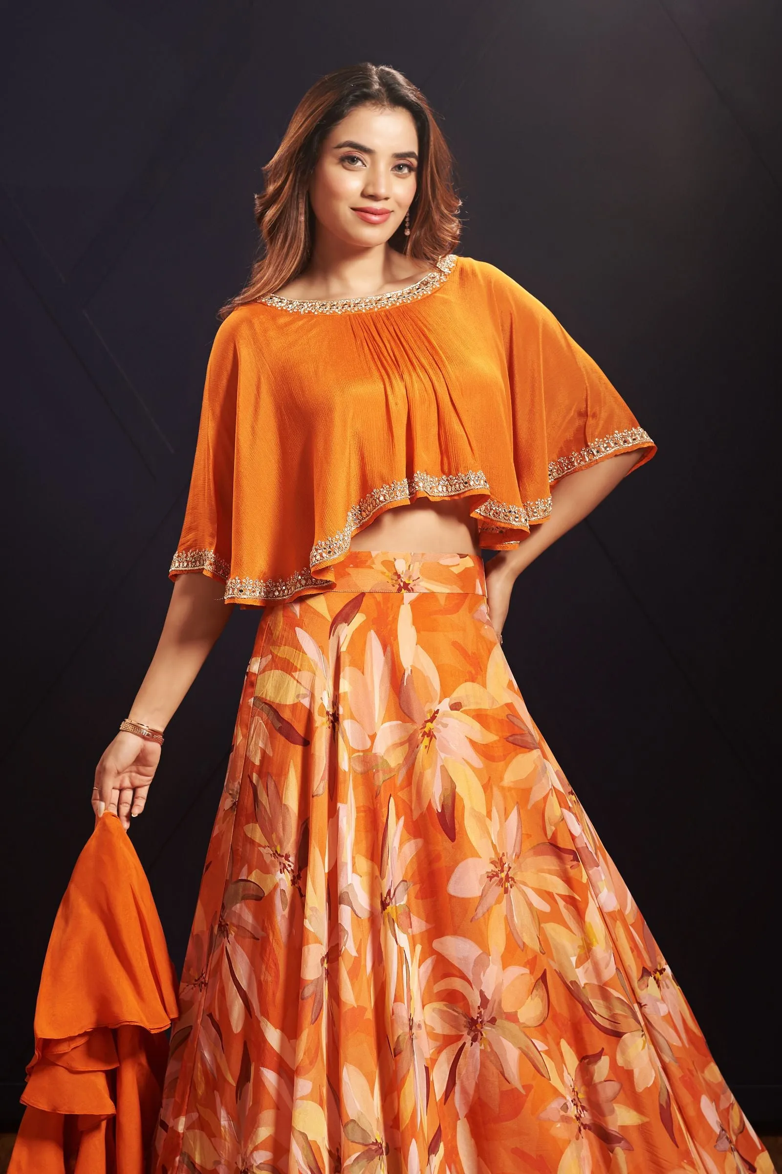 Orange Mirror, Zardozi and Stone work with Floral Print Poncho Styled Crop Top Lehenga
