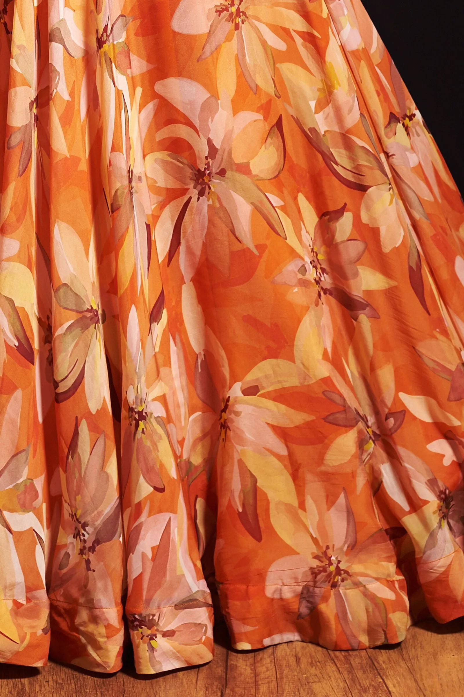 Orange Mirror, Zardozi and Stone work with Floral Print Poncho Styled Crop Top Lehenga