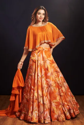 Orange Mirror, Zardozi and Stone work with Floral Print Poncho Styled Crop Top Lehenga