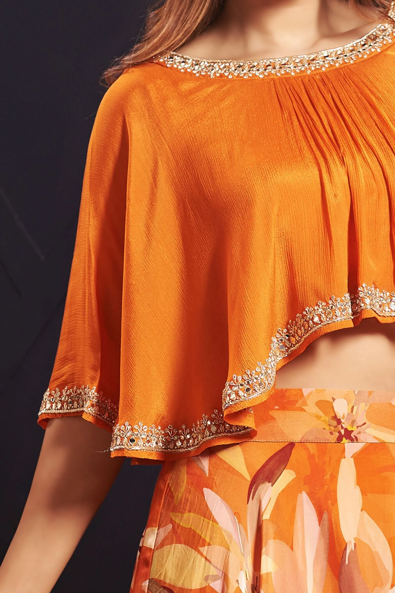 Orange Mirror, Zardozi and Stone work with Floral Print Poncho Styled Crop Top Lehenga