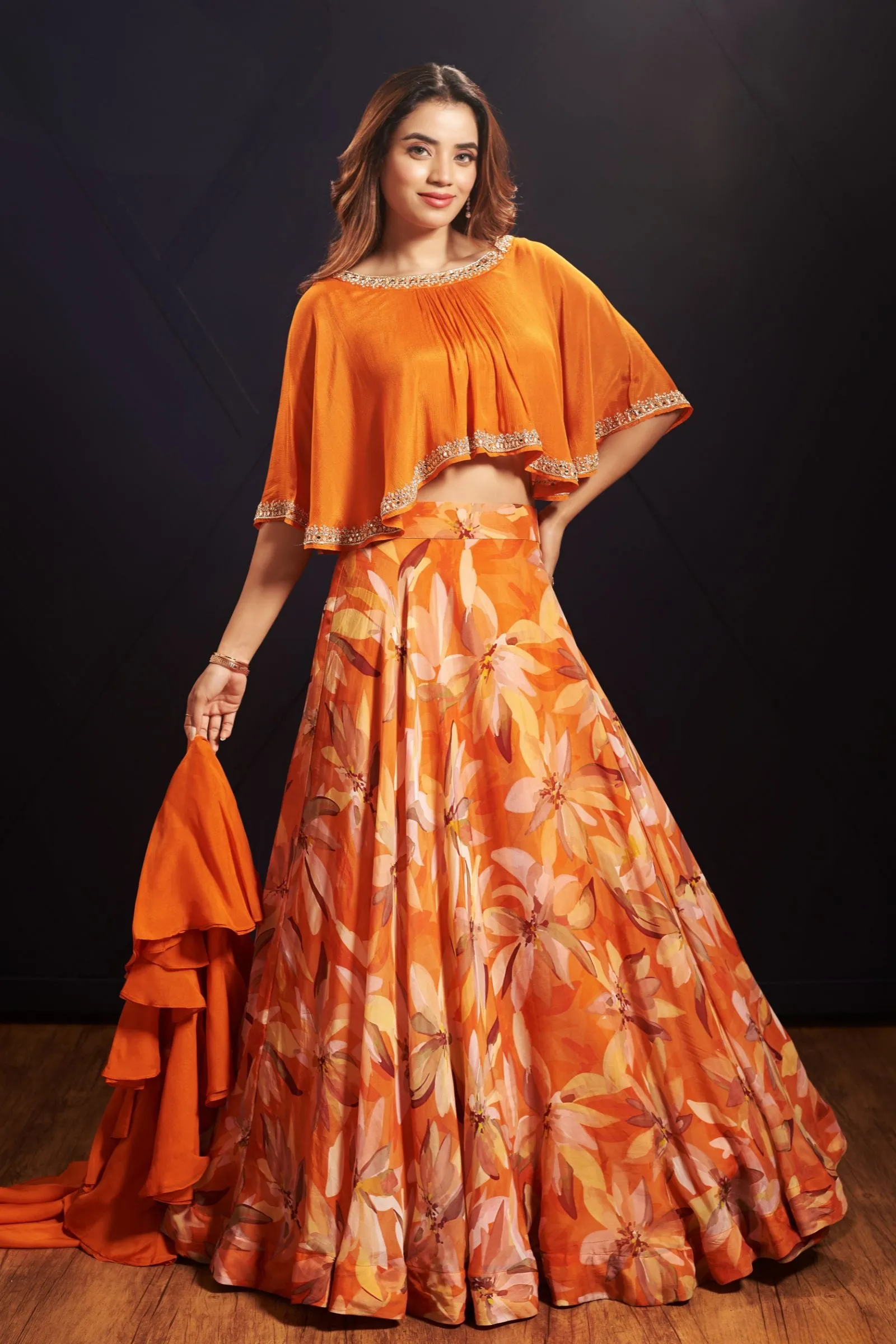 Orange Mirror, Zardozi and Stone work with Floral Print Poncho Styled Crop Top Lehenga