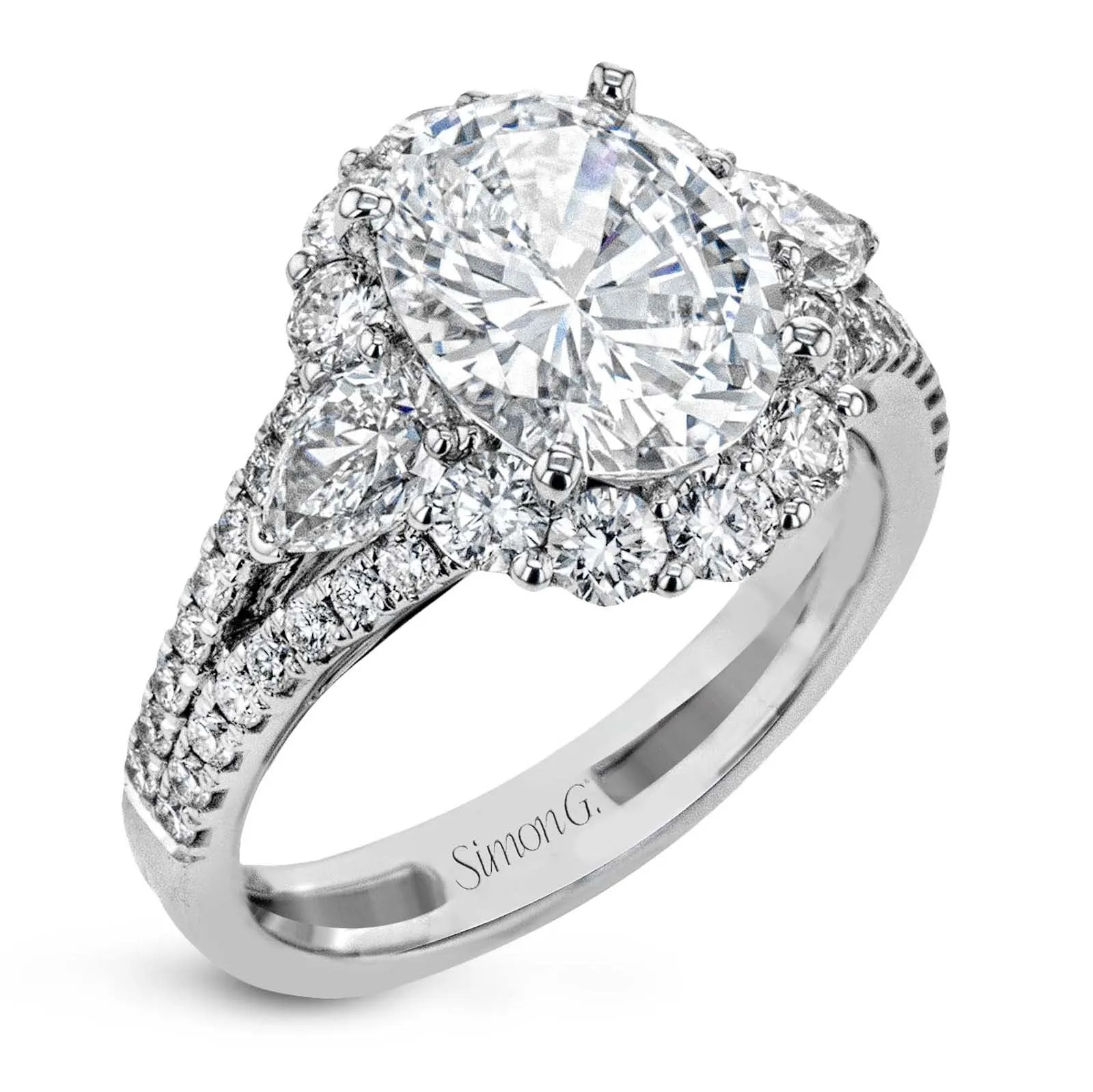 Oval-Cut Three-stone Halo Engagement Ring In 18k Gold With Diamonds