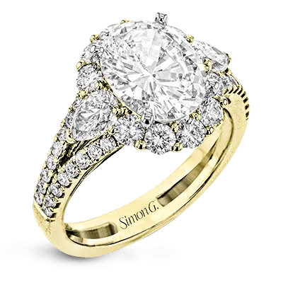 Oval-Cut Three-stone Halo Engagement Ring In 18k Gold With Diamonds