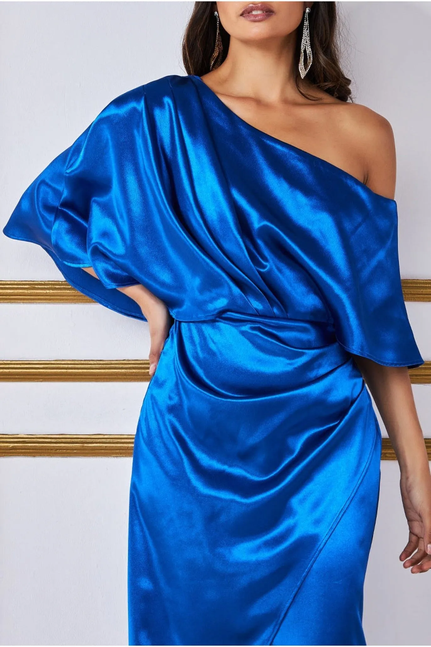 Satin Drape Shoulder Wrap Maxi Dress - Royal Blue by Goddiva