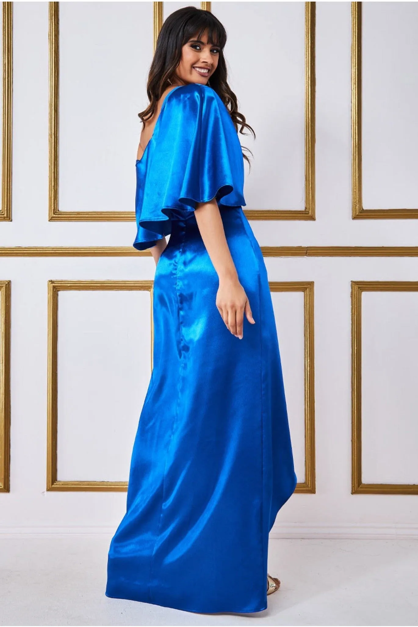 Satin Drape Shoulder Wrap Maxi Dress - Royal Blue by Goddiva
