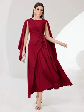 SHEIN Modely Burgundy Red Cloak Sleeve Knot Side Wrap Hem Dress