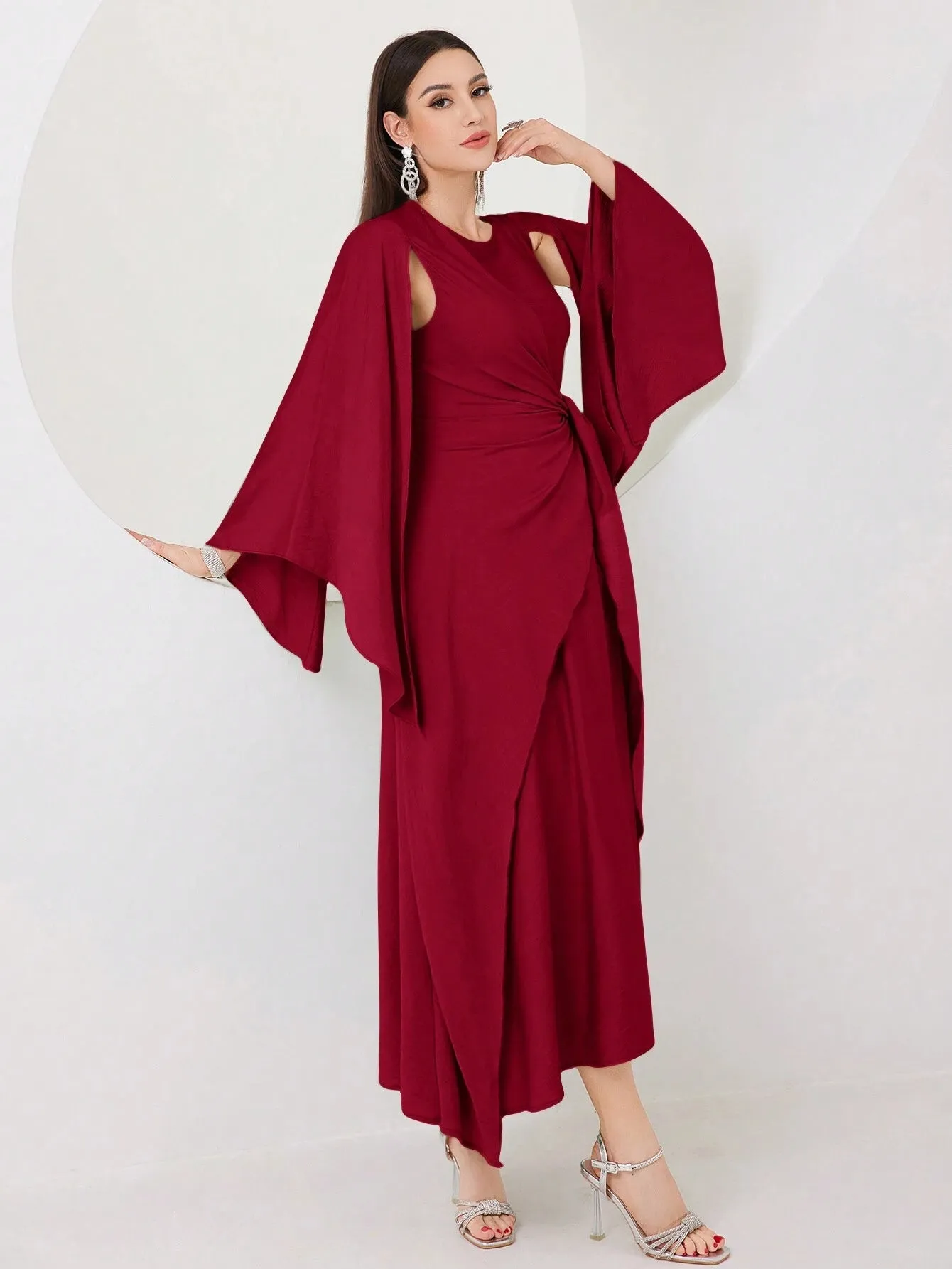 SHEIN Modely Burgundy Red Cloak Sleeve Knot Side Wrap Hem Dress