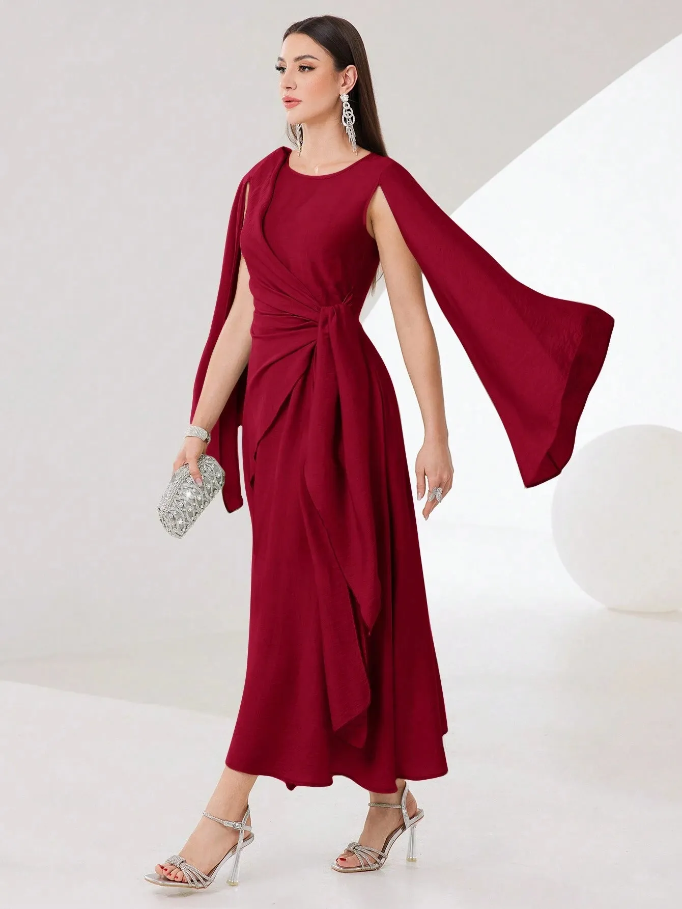 SHEIN Modely Burgundy Red Cloak Sleeve Knot Side Wrap Hem Dress