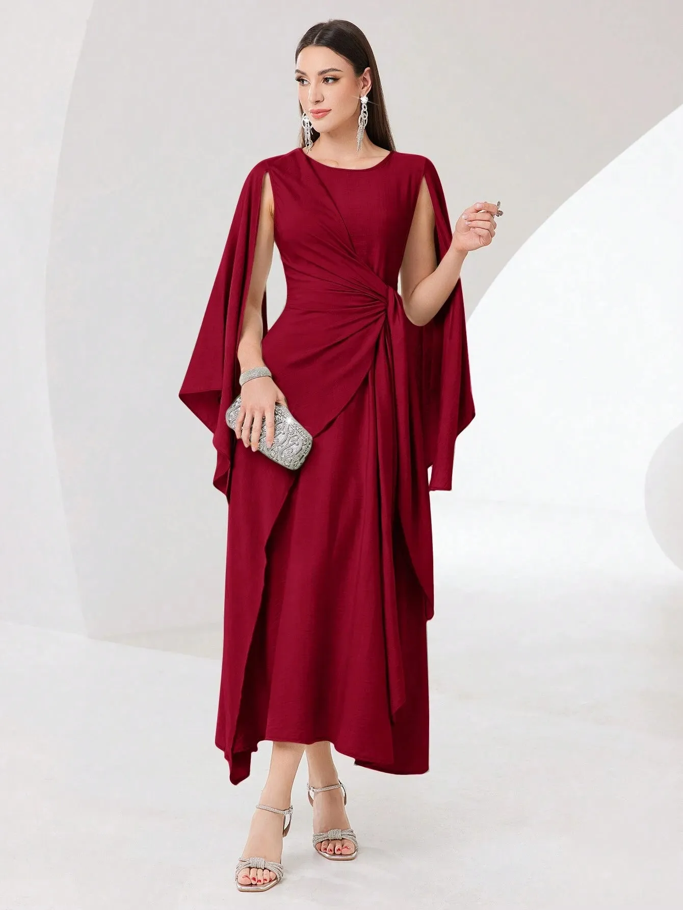 SHEIN Modely Burgundy Red Cloak Sleeve Knot Side Wrap Hem Dress