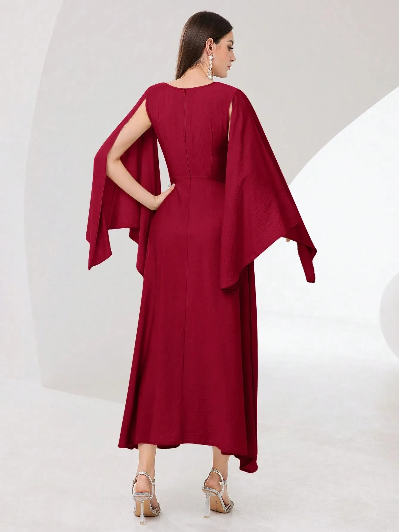SHEIN Modely Burgundy Red Cloak Sleeve Knot Side Wrap Hem Dress
