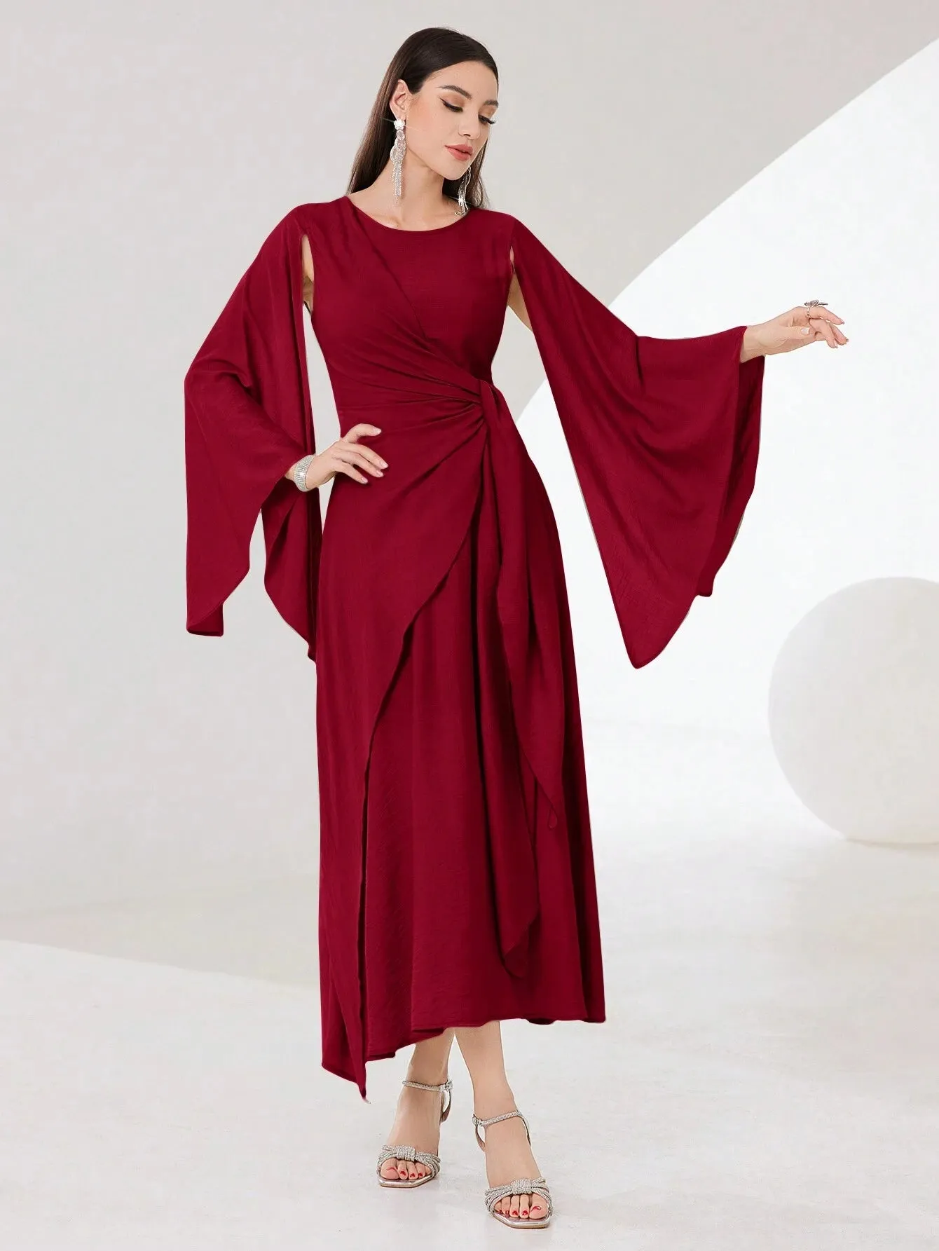 SHEIN Modely Burgundy Red Cloak Sleeve Knot Side Wrap Hem Dress