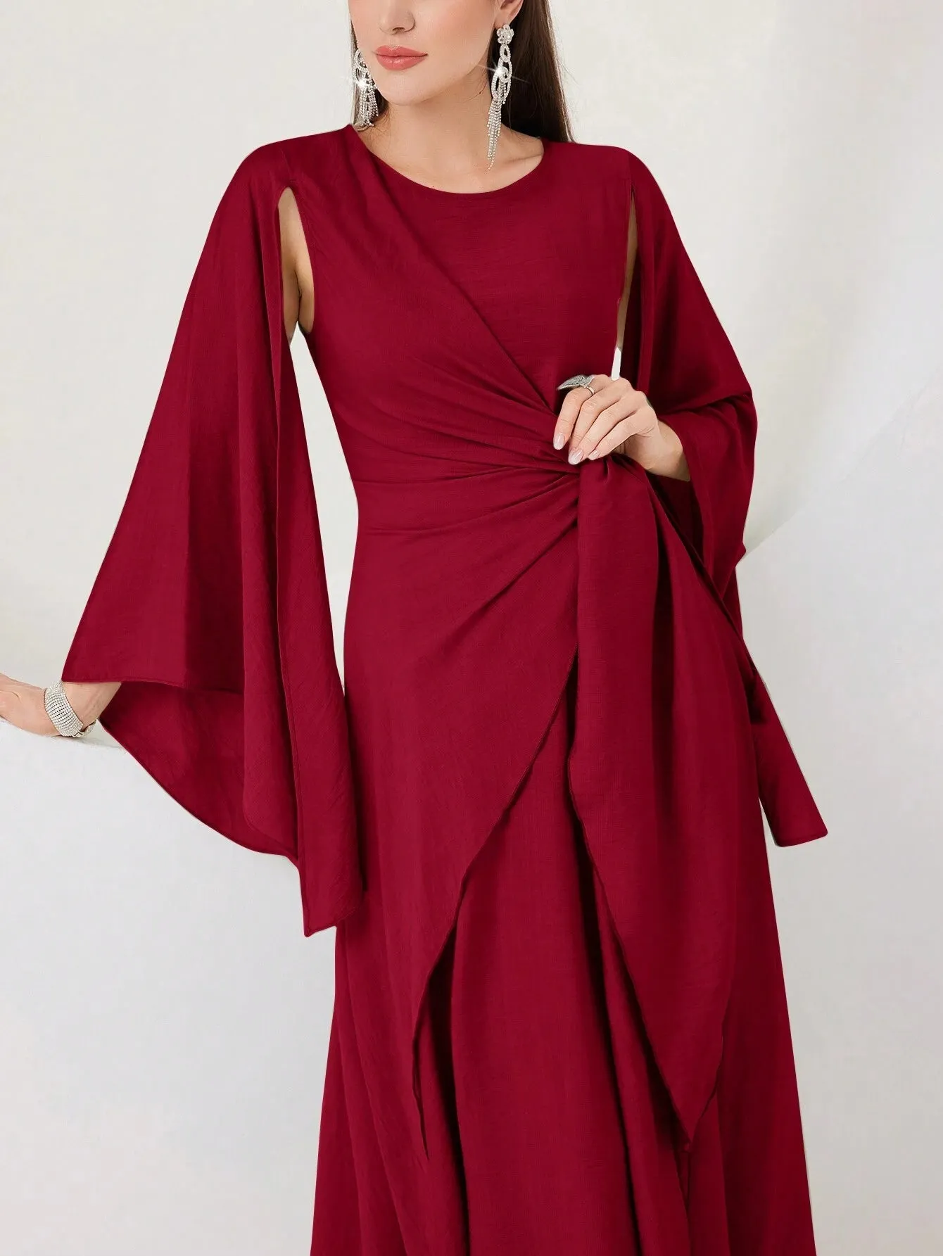 SHEIN Modely Burgundy Red Cloak Sleeve Knot Side Wrap Hem Dress