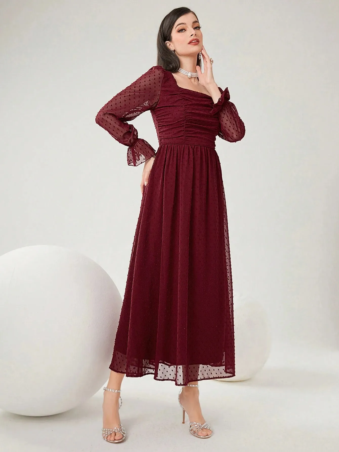SHEIN Modely Burgundy Red Women's Swiss Polka Dot Square Neckline Flowy Dress, Spring Summer