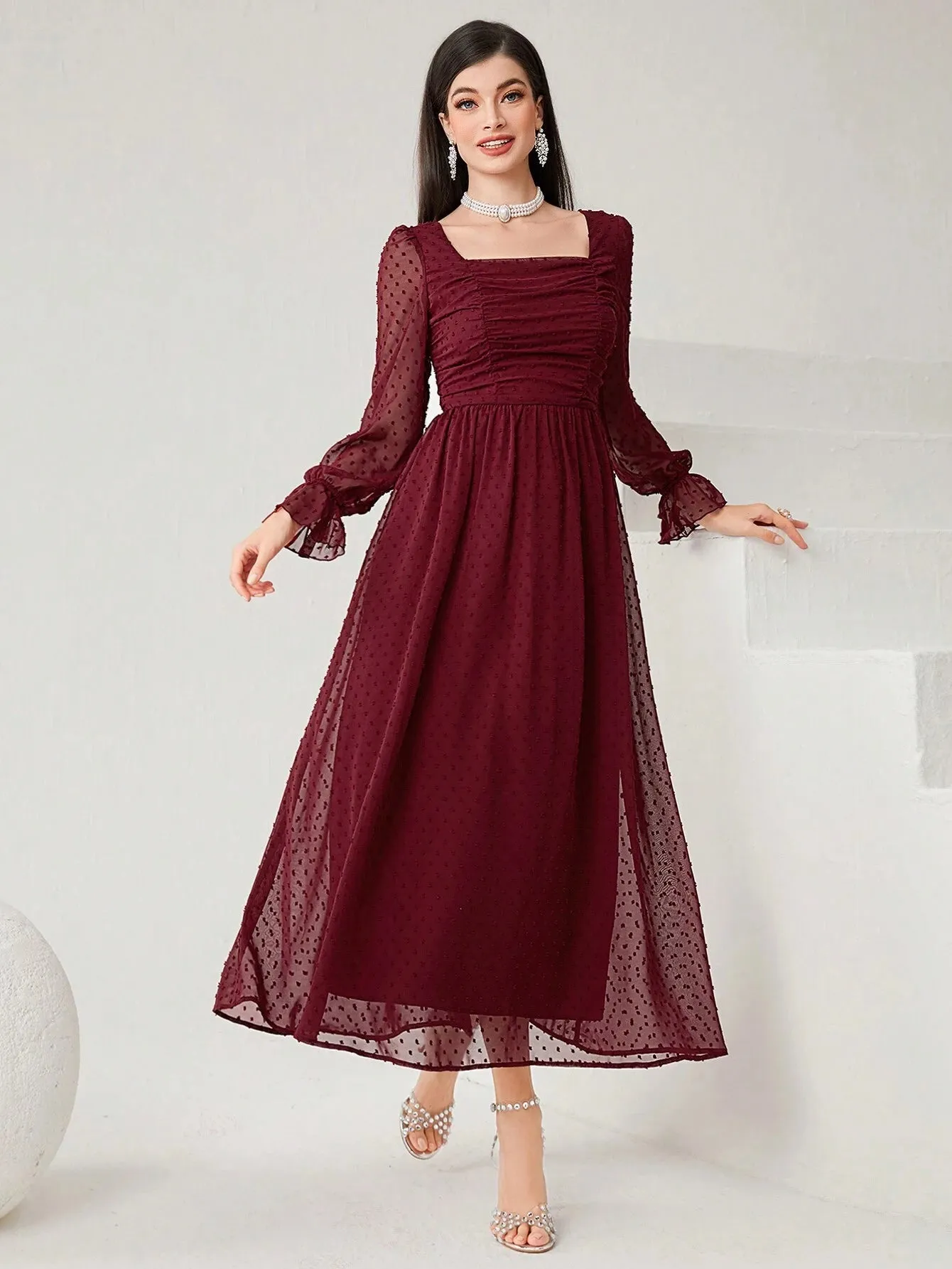 SHEIN Modely Burgundy Red Women's Swiss Polka Dot Square Neckline Flowy Dress, Spring Summer
