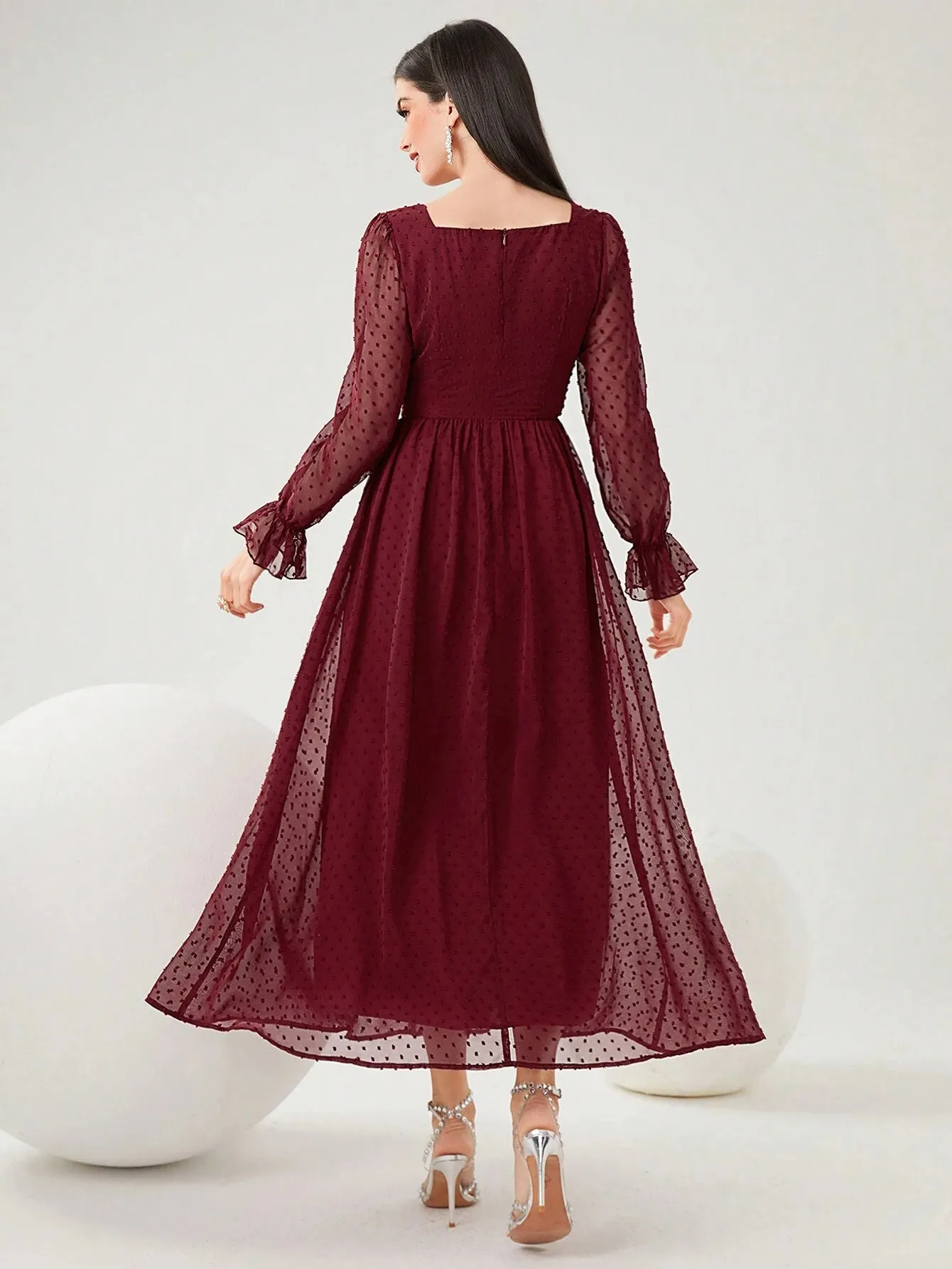 SHEIN Modely Burgundy Red Women's Swiss Polka Dot Square Neckline Flowy Dress, Spring Summer