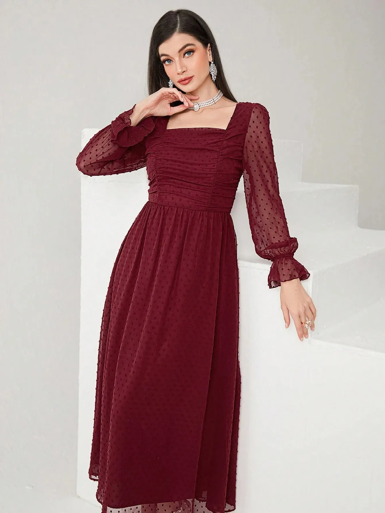 SHEIN Modely Burgundy Red Women's Swiss Polka Dot Square Neckline Flowy Dress, Spring Summer