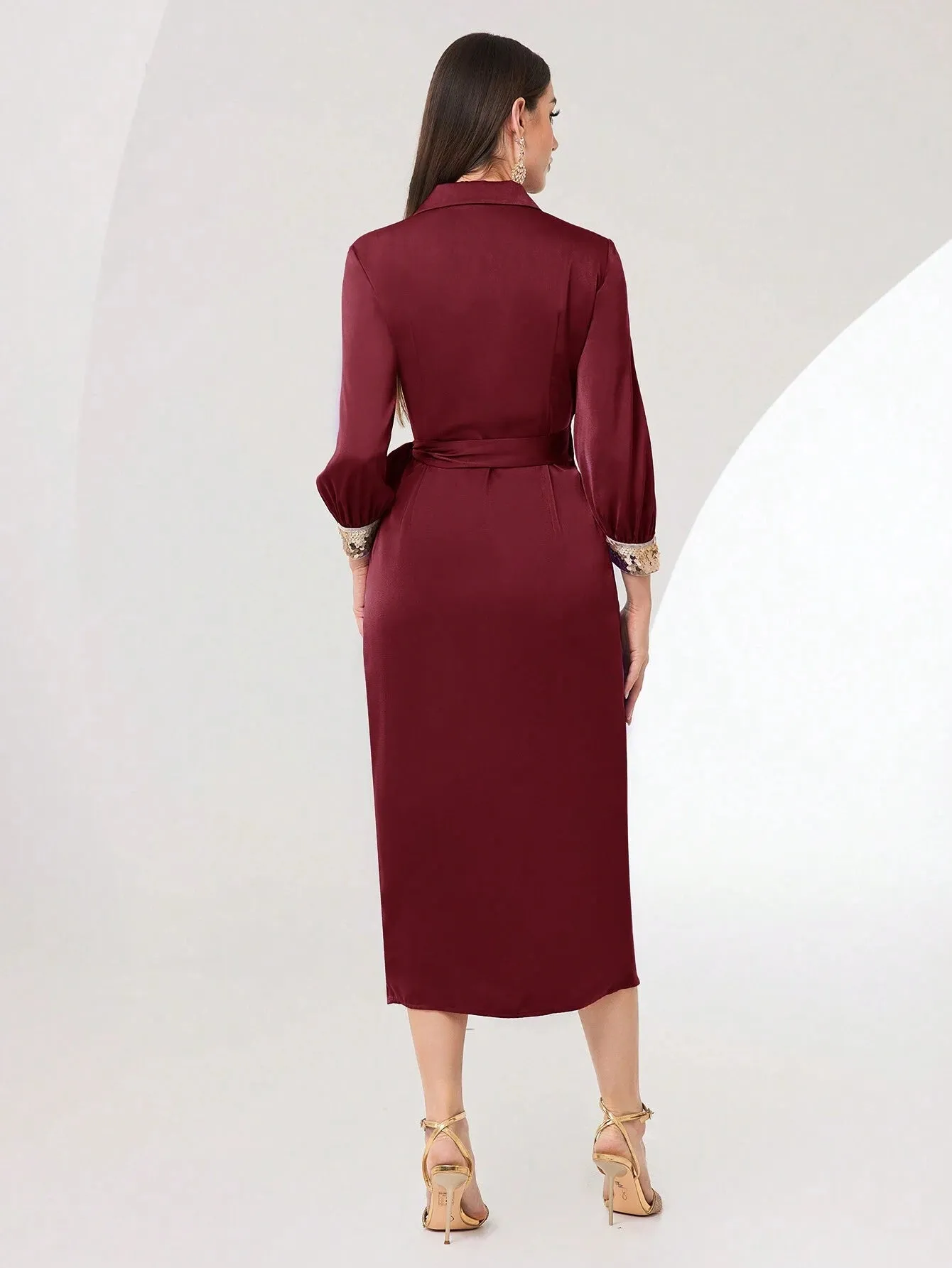 SHEIN Modely Women's V-Neck Ribbon Pleated Long Sleeve Party Dress