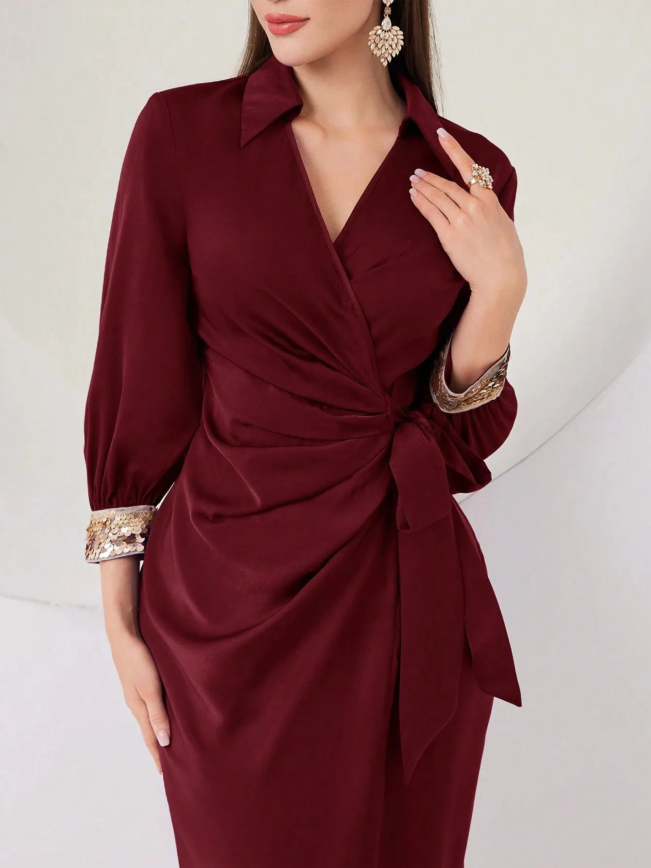 SHEIN Modely Women's V-Neck Ribbon Pleated Long Sleeve Party Dress