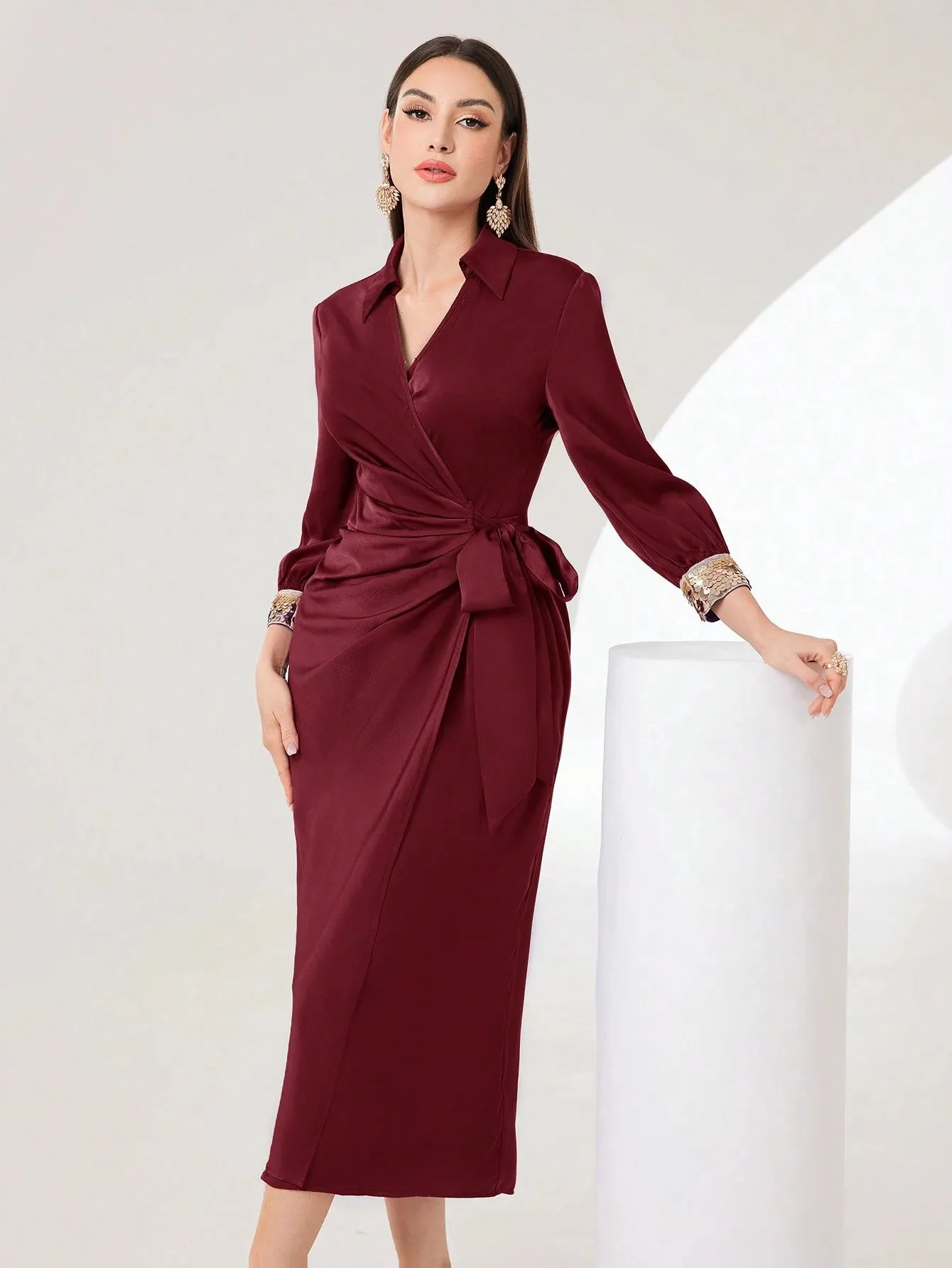 SHEIN Modely Women's V-Neck Ribbon Pleated Long Sleeve Party Dress