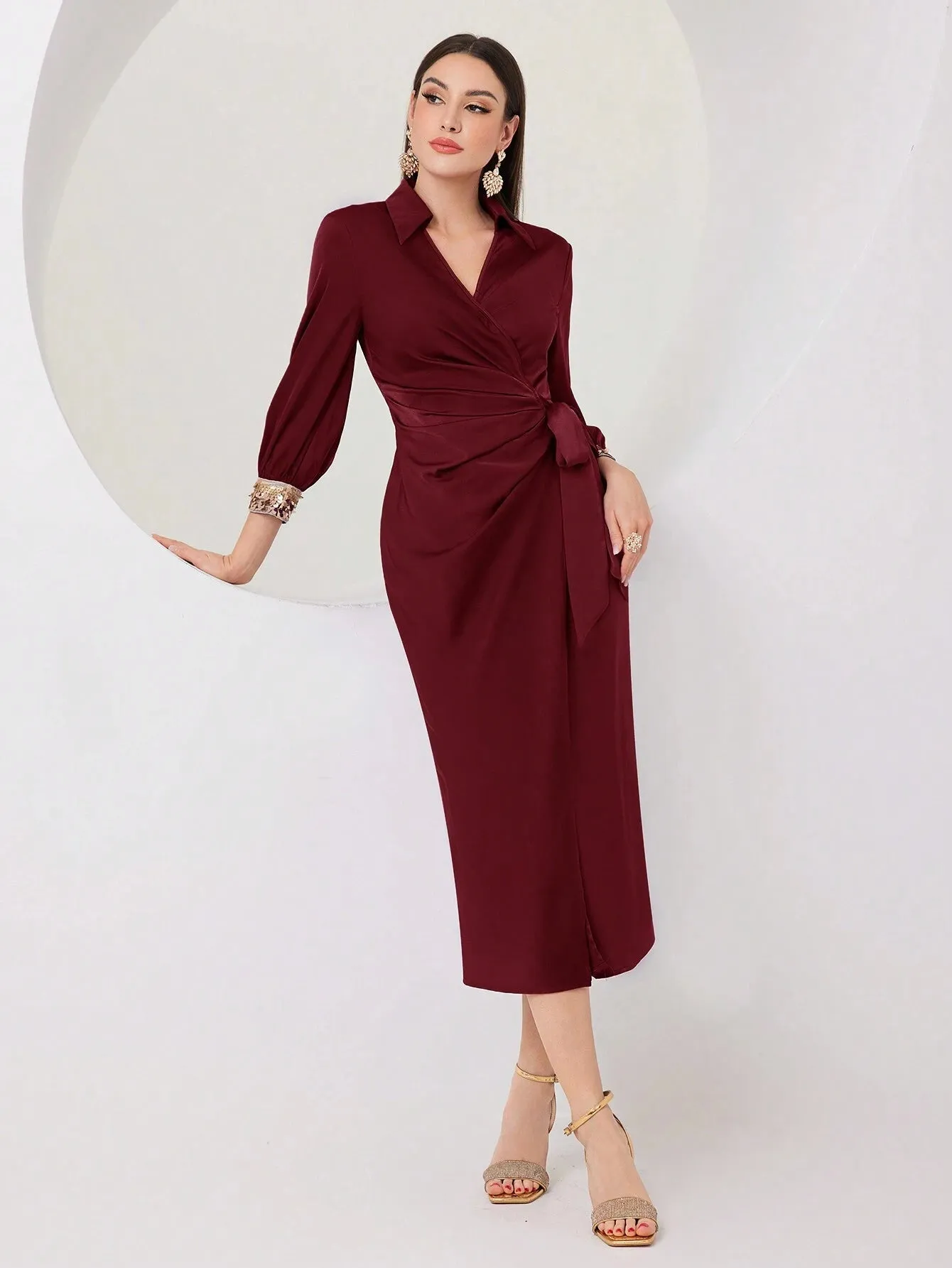 SHEIN Modely Women's V-Neck Ribbon Pleated Long Sleeve Party Dress