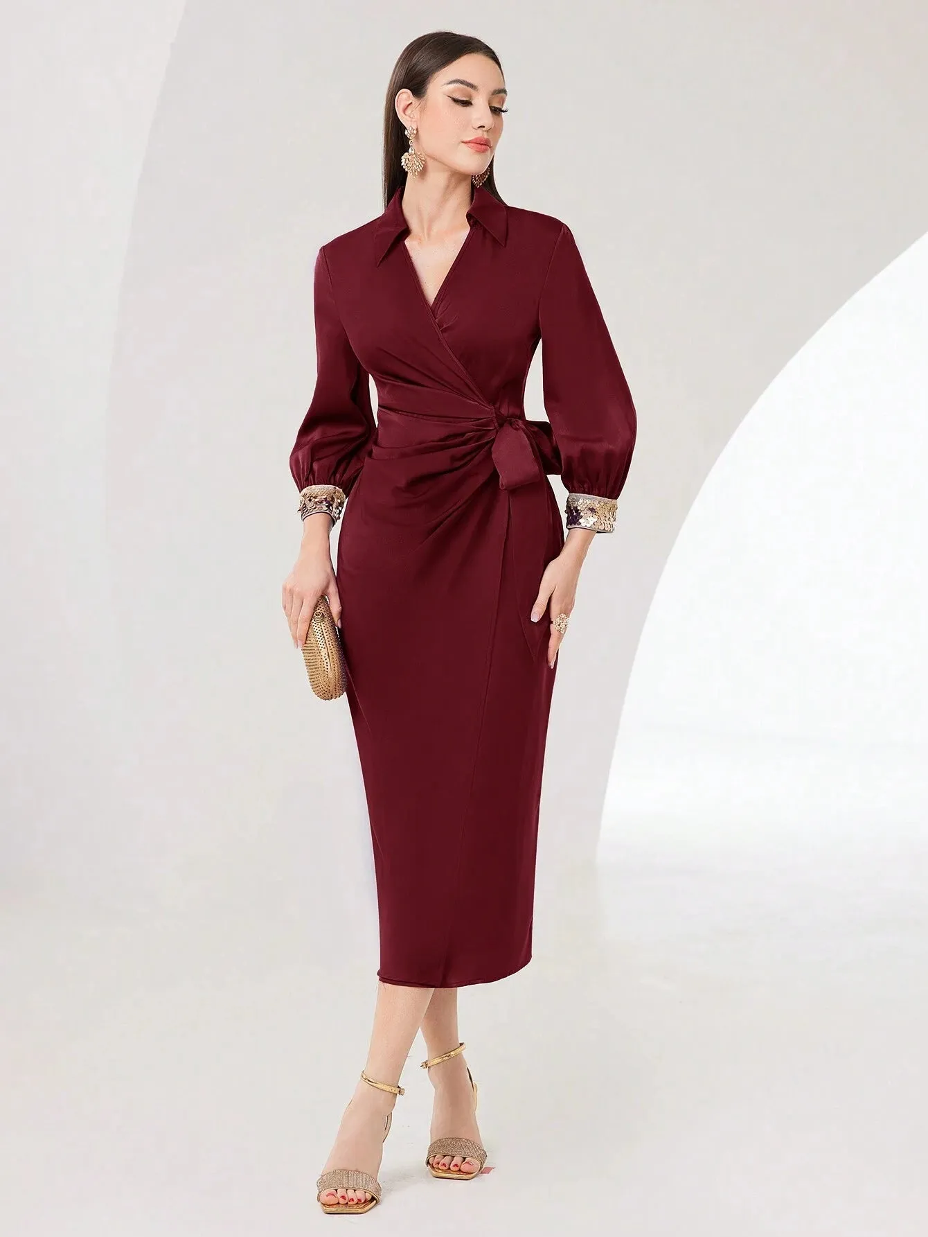 SHEIN Modely Women's V-Neck Ribbon Pleated Long Sleeve Party Dress