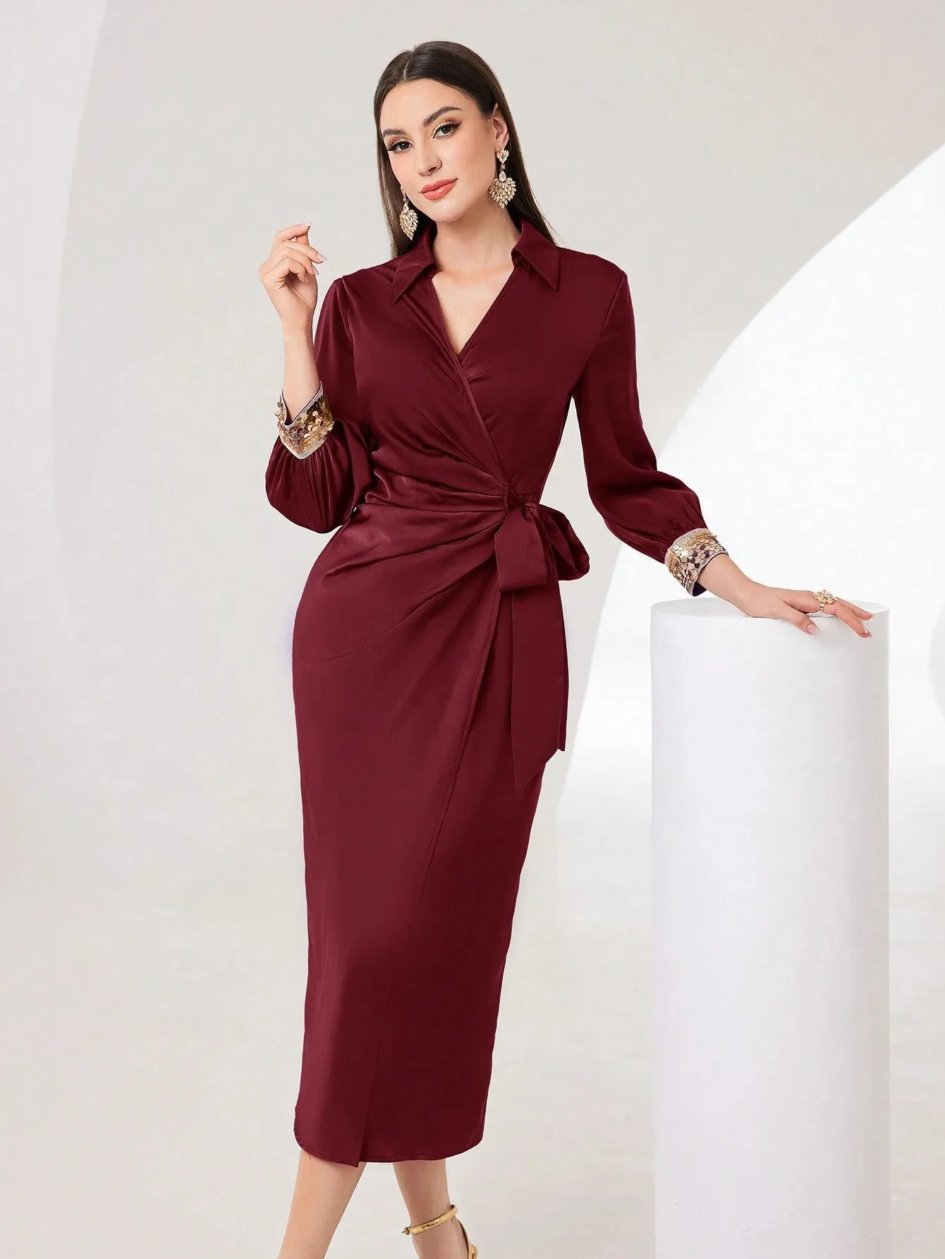 SHEIN Modely Women's V-Neck Ribbon Pleated Long Sleeve Party Dress