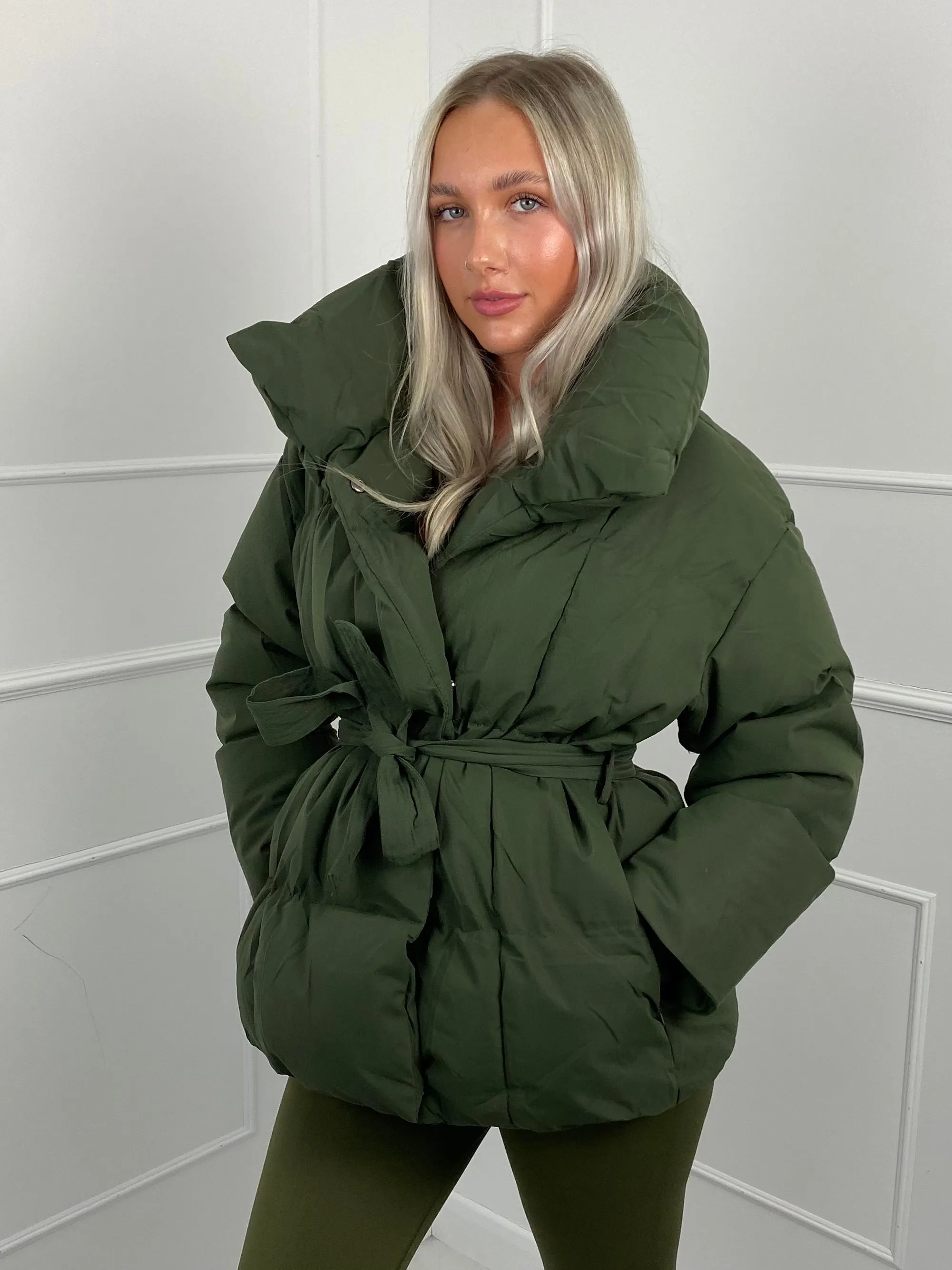 Short Belted Puffer Jacket- Khaki