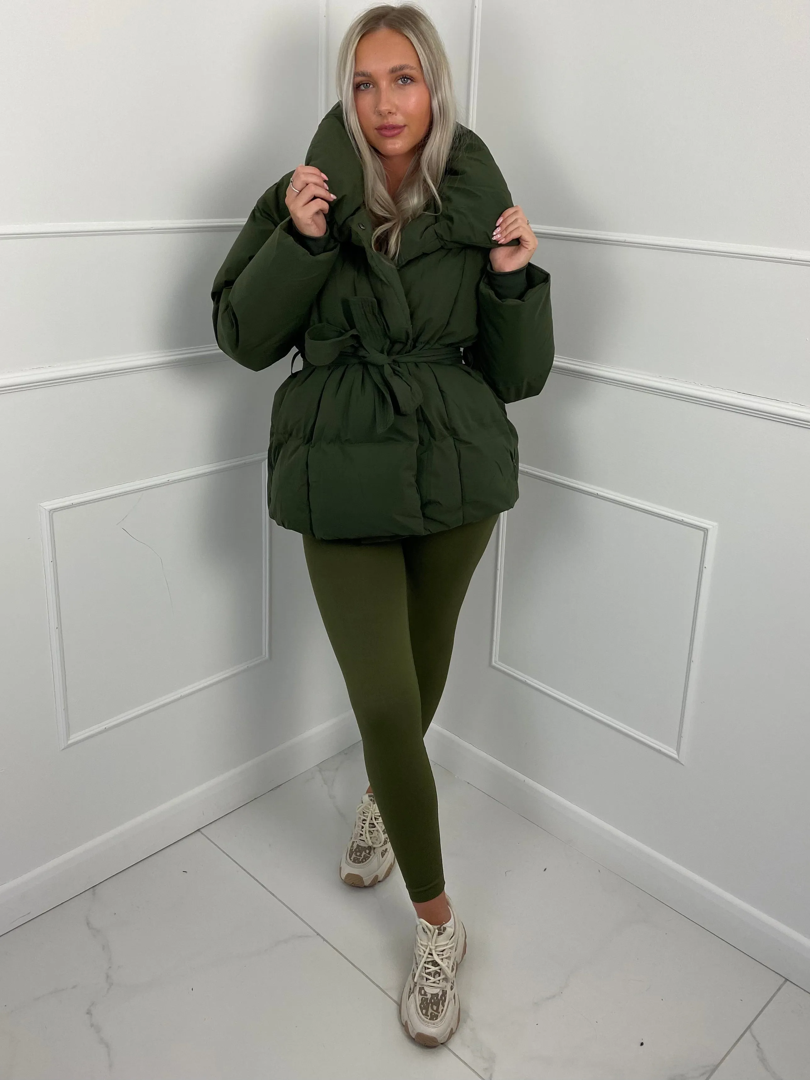 Short Belted Puffer Jacket- Khaki