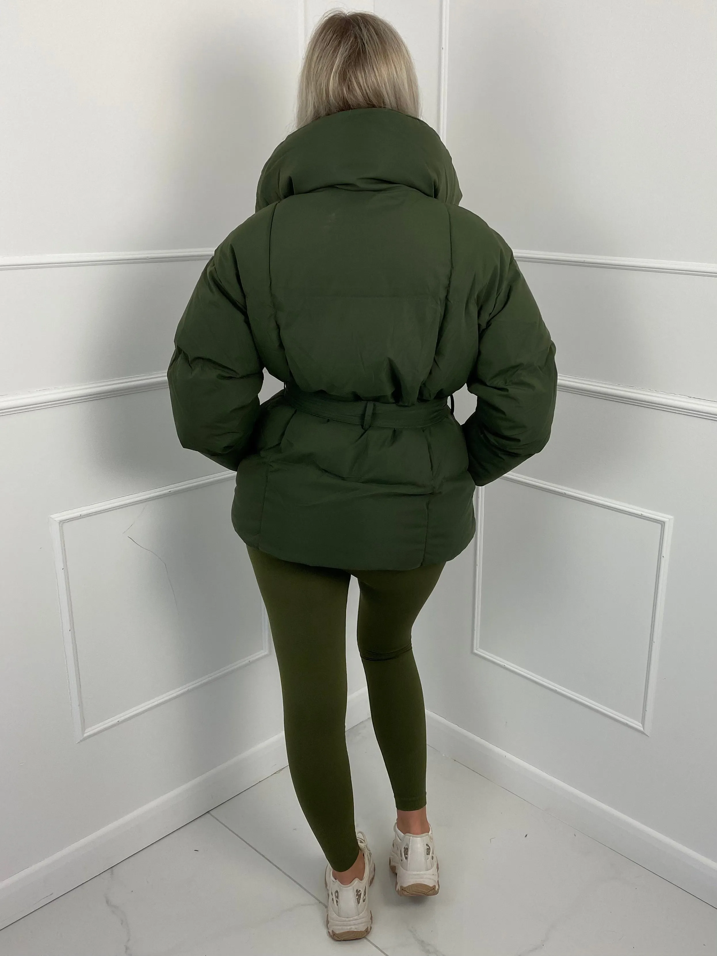 Short Belted Puffer Jacket- Khaki