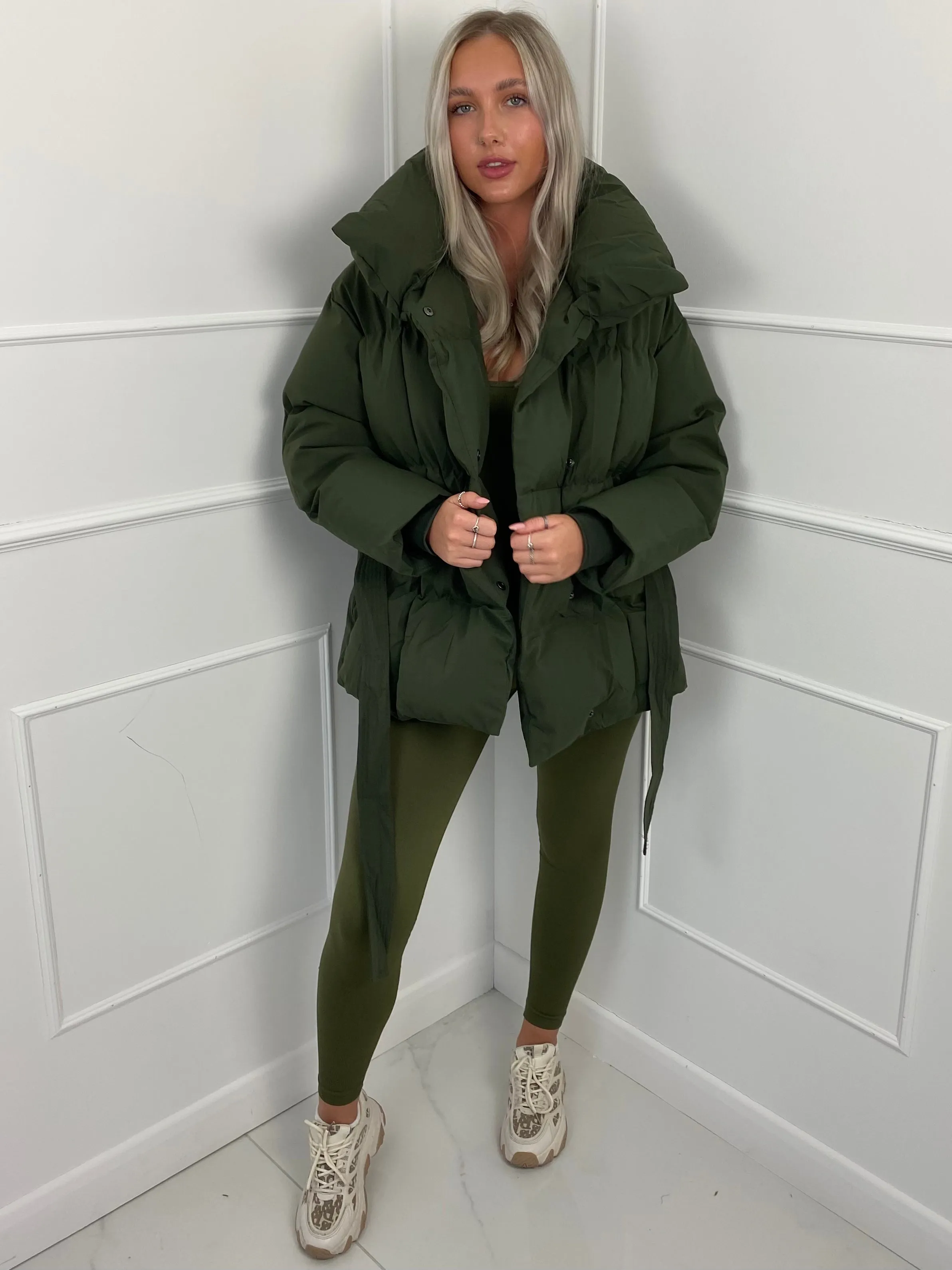 Short Belted Puffer Jacket- Khaki
